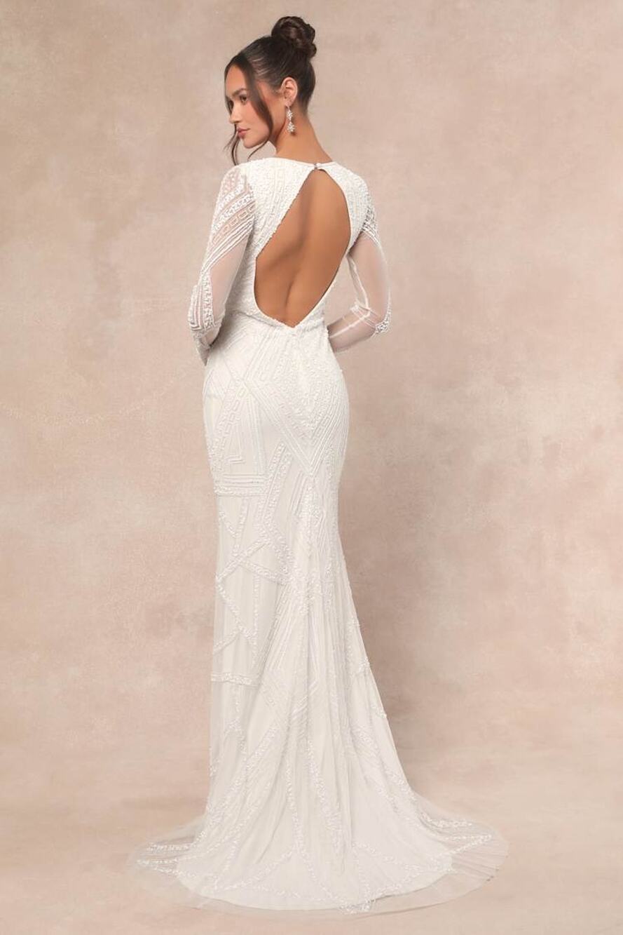 NWT Lulus Deedra White Sequin Beaded Backless Maxi Dress Wedding Bridal Bride M
